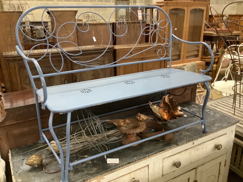 A painted wrought iron garden bench, length 123cm, depth 50cm, height 93cm